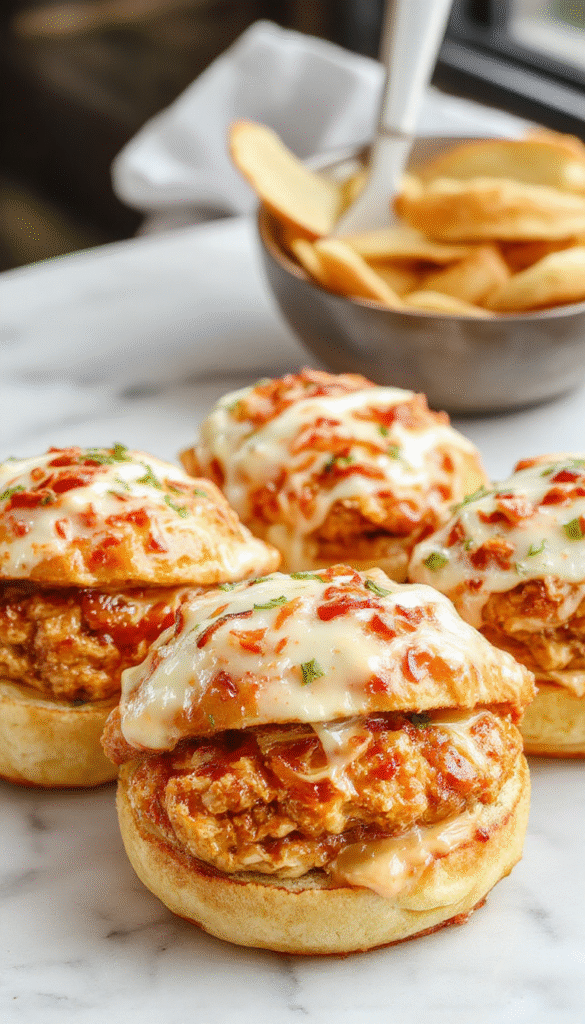 Colorful chicken sliders plated on a rustic wooden board with a vibrant orange bang bang sauce drizzled over crispy chicken pieces nestled in soft slider buns, garnished with green lettuce, chopped scallions, and bright red chili flakes, styled for a casual and appetizing presentation.