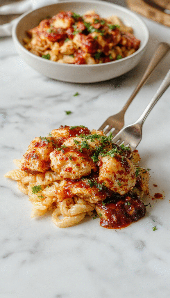 A vibrant plate of Cajun chicken orzo featuring tender grilled chicken coated in rich spices, served on a bed of tender orzo pasta with colorful bell peppers and garnished with fresh herbs. The dish has a slightly smoky appearance with a rich, spicy red sauce, beautifully styled on a rustic white plate with a sprinkle of green herbs and a lemon wedge for contrast.