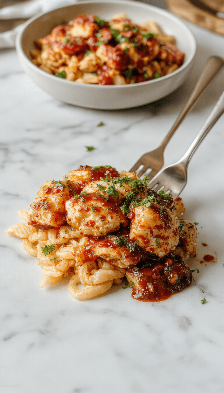 A vibrant plate of Cajun chicken orzo featuring tender grilled chicken coated in rich spices, served on a bed of tender orzo pasta with colorful bell peppers and garnished with fresh herbs. The dish has a slightly smoky appearance with a rich, spicy red sauce, beautifully styled on a rustic white plate with a sprinkle of green herbs and a lemon wedge for contrast.