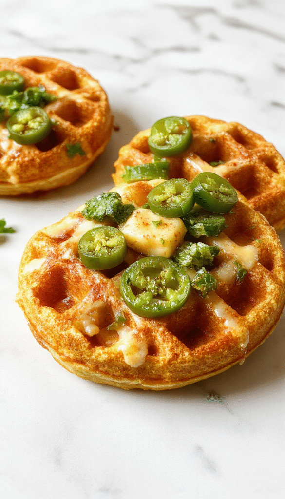 Colorful plate featuring golden-brown cornbread waffles topped with melted cheddar cheese, slices of vibrant green jalapeños, and crispy edges, styled on a rustic wooden surface with fresh herbs and a drizzle of syrup for presentation.