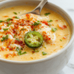 A steaming bowl of spicy jalapeño popper chicken soup featuring a vibrant orange broth, topped with melted cheese, chopped fresh jalapeños, and cilantro, with a side of crusty bread on a rustic wooden table.