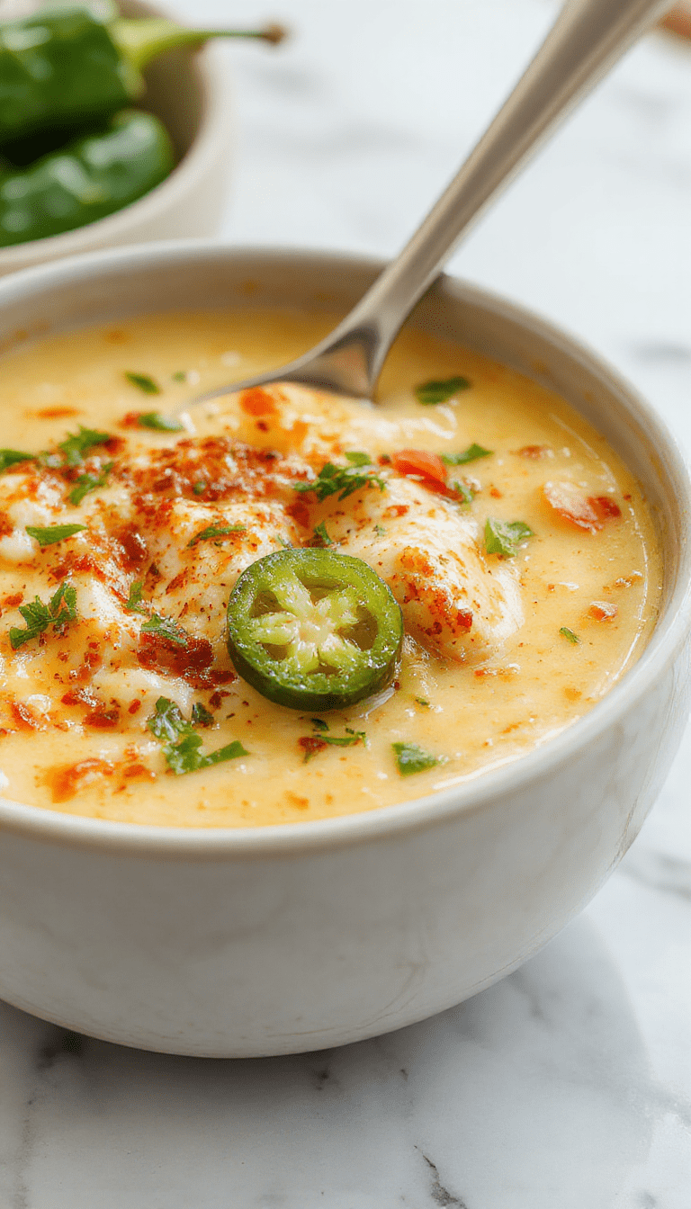 A steaming bowl of spicy jalapeño popper chicken soup featuring a vibrant orange broth, topped with melted cheese, chopped fresh jalapeños, and cilantro, with a side of crusty bread on a rustic wooden table.