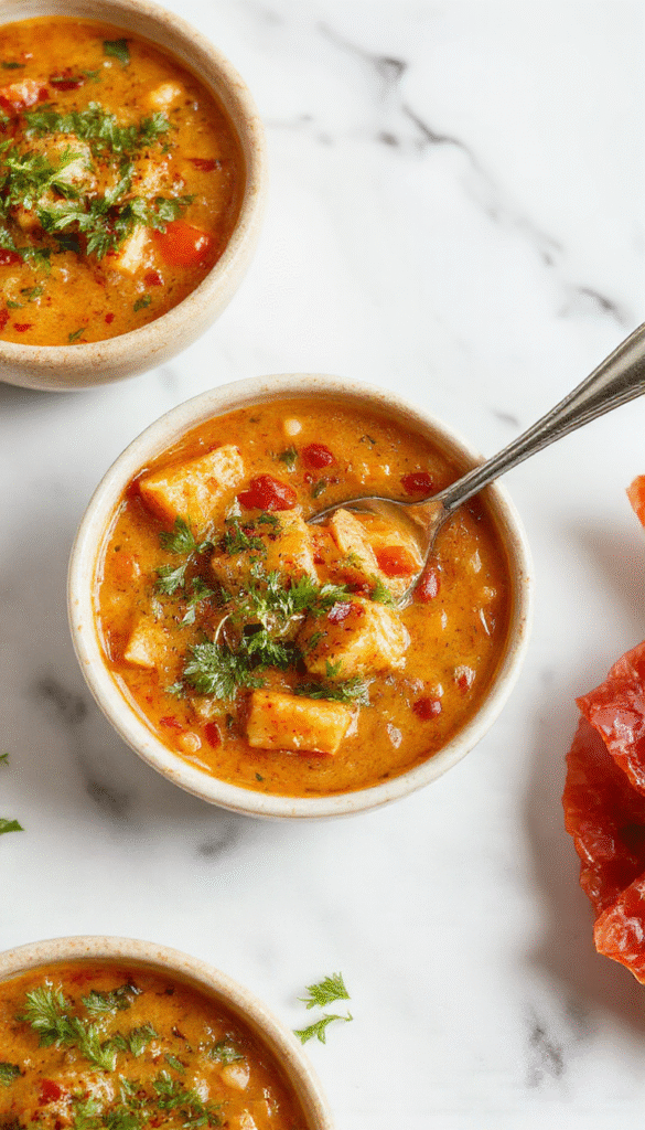 A vibrant bowl of spicy sesame carrot soup topped with fresh herbs and a drizzle of sesame oil, showcasing bright orange carrots, red lentils, and colorful spices, garnished with sesame seeds and green parsley on a rustic wooden table.