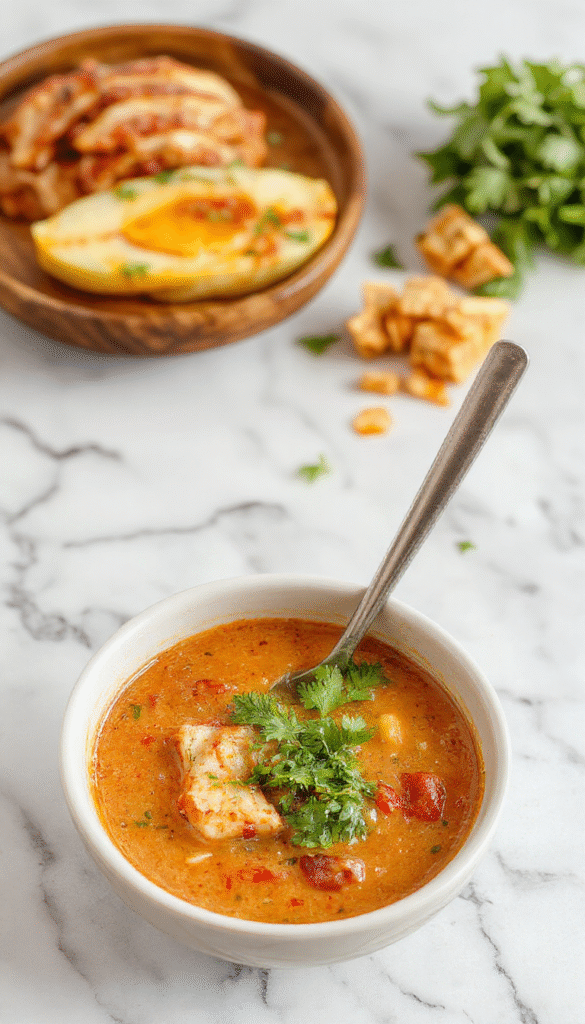 A vibrant bowl of Thai red curry noodle soup featuring red curry broth, colorful vegetables, tender noodles, garnished with fresh herbs, lime wedges, and chili peppers, styled in a rustic ceramic bowl on a wooden surface with scattered ingredients around.