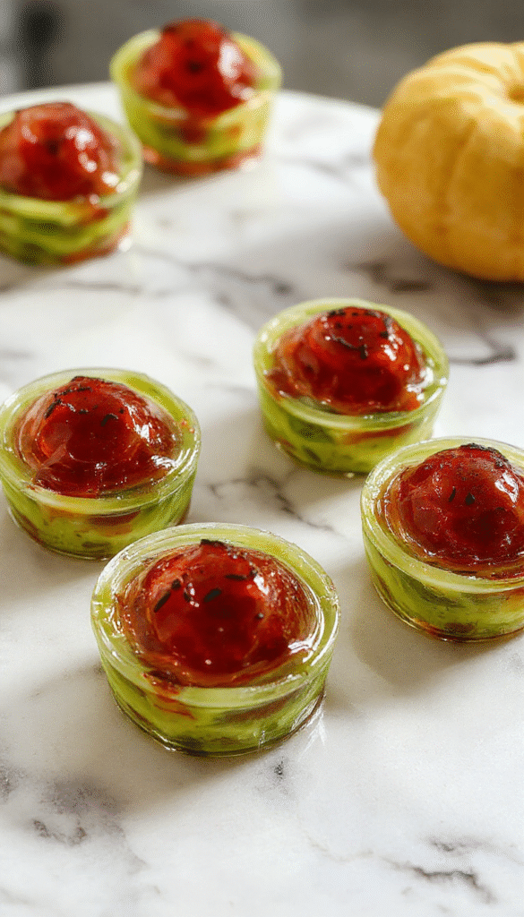 A spooky Halloween scene featuring eerie eyeball gelatin shots in small clear cups, each topped with a gleaming red cherry resembling bloodshot eyeballs, with vibrant green and orange backgrounds, spooky themed decorations, and glossy gelatin textures creating a creepy yet fun presentation.