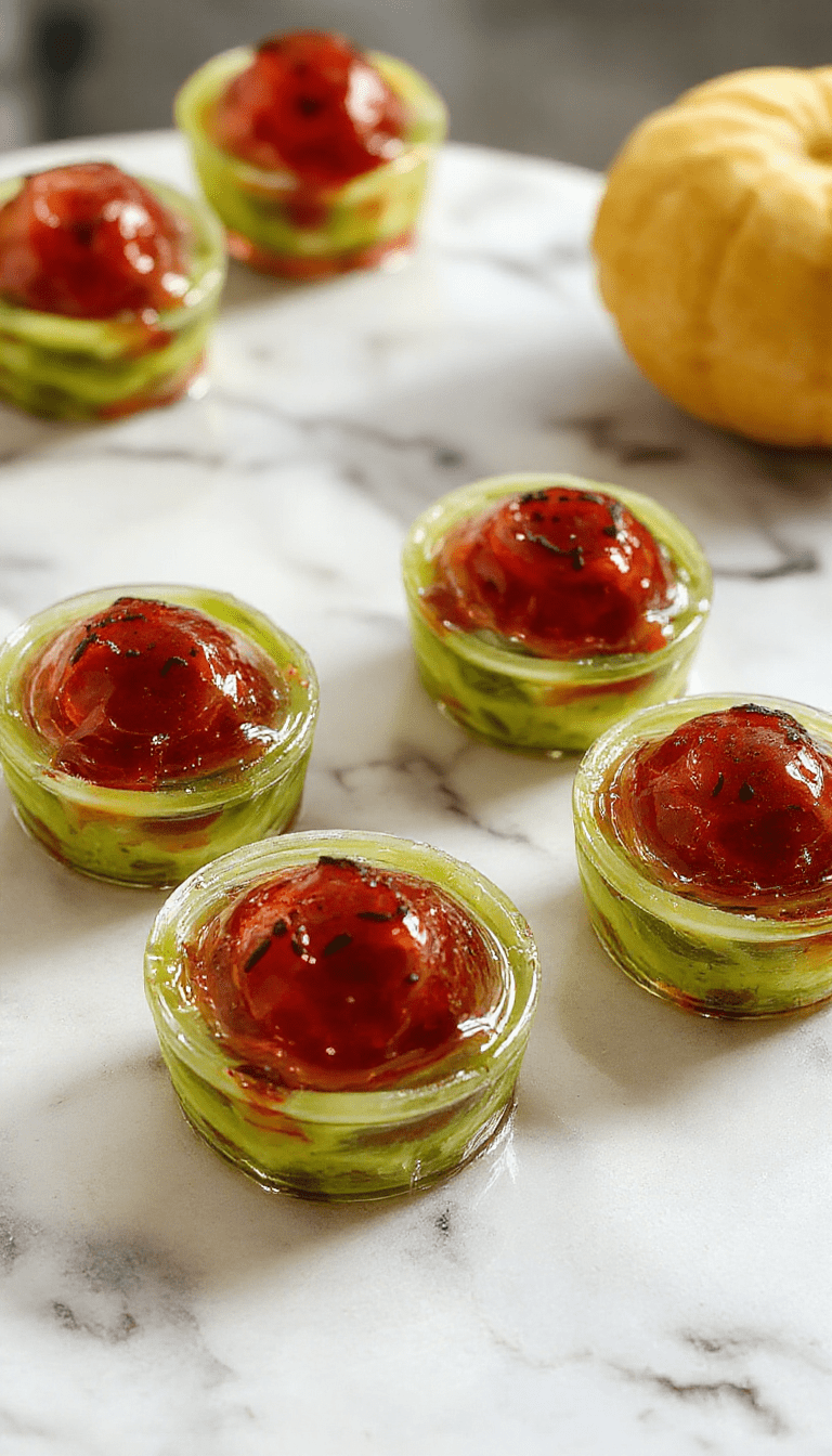 A spooky Halloween scene featuring eerie eyeball gelatin shots in small clear cups, each topped with a gleaming red cherry resembling bloodshot eyeballs, with vibrant green and orange backgrounds, spooky themed decorations, and glossy gelatin textures creating a creepy yet fun presentation.