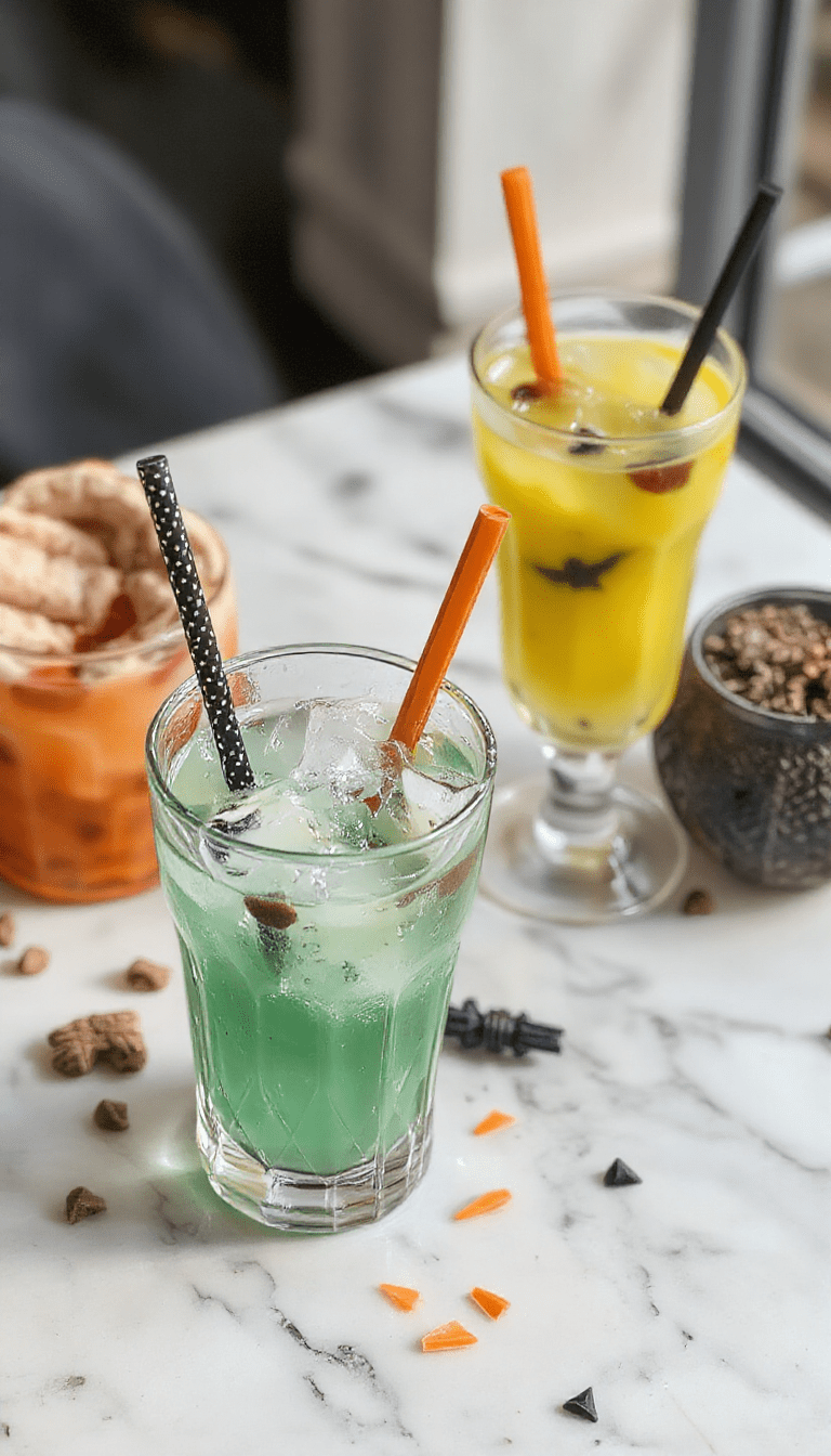 Vibrant Halloween party drinks arranged on a spooky themed table, featuring colorful liquids in creepy bottles, garnished with eyeball candies, blinking LED ice cubes, and Halloween themed decorations, all styled with a fun and spooky atmosphere