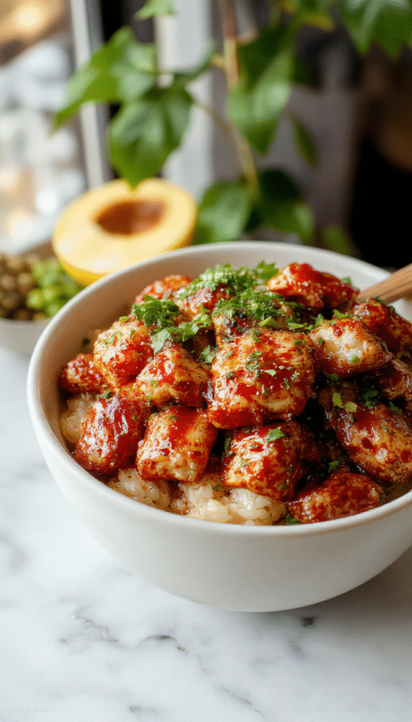 Colorful sticky chicken rice bowls featuring tender crispy chicken glazed with a glossy sauce, served over fluffy white rice, topped with green scallions and sesame seeds, arranged on a rustic wooden plate for an inviting presentation.