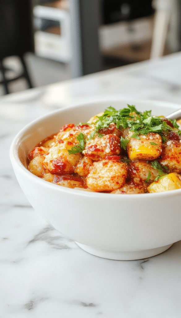A vibrant bowl filled with juicy grilled chicken pieces topped with charred corn kernels, fresh cilantro, crumbled cheese, and a drizzle of creamy sauce. The dish is served in a white ceramic bowl, garnished with lime wedges and chopped green onions, presenting a colorful and appetizing street food-inspired presentation.