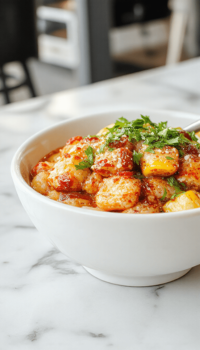 A vibrant bowl filled with juicy grilled chicken pieces topped with charred corn kernels, fresh cilantro, crumbled cheese, and a drizzle of creamy sauce. The dish is served in a white ceramic bowl, garnished with lime wedges and chopped green onions, presenting a colorful and appetizing street food-inspired presentation.