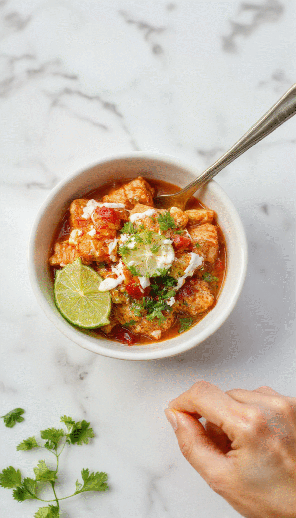 Colorful sweet chili chicken bowl featuring tender grilled chicken slices drizzled with vibrant coconut lime sauce, garnished with fresh herbs and lime wedges, served on a white plate with a blurred background of tropical fruits and leafy greens, highlighting the appetizing texture and bright flavors.