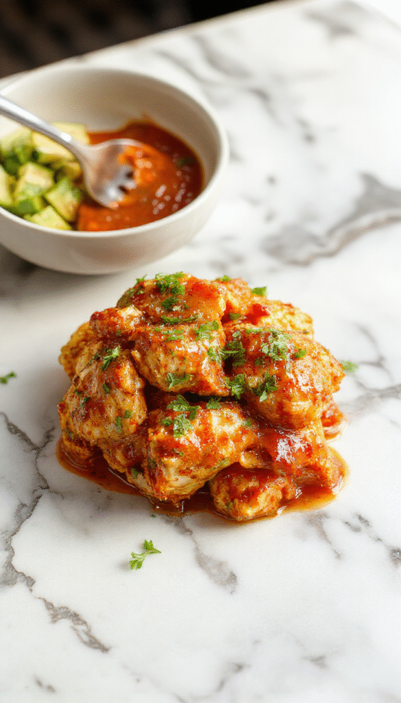 A vibrant plate of golden crispy chicken glazed with glossy, spicy sweet chili sauce, garnished with chopped scallions and sesame seeds, styled on a white ceramic dish with colorful vegetables in the background.