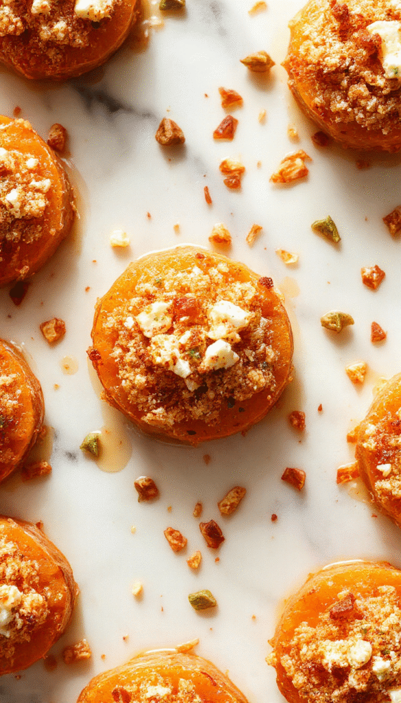 Colorful plate of roasted sweet potato rounds topped with golden honey glaze, crumbled white feta cheese, and sprinkled with fresh herbs. The sweet potatoes have a crispy, caramelized exterior with soft, vibrant orange insides, beautifully contrasted by the white crumbles and glossy honey for a visually appealing dish styled simply on a rustic wooden surface.