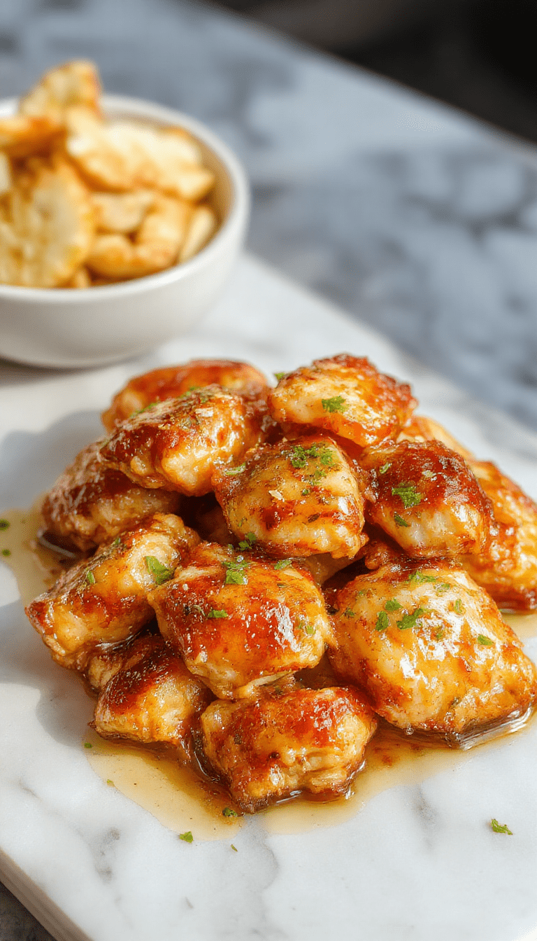 Colorful plated honey garlic chicken featuring tender chicken pieces glazed with glossy honey and garlic sauce, garnished with fresh herbs, with a vibrant background of vegetables and a rustic wooden table surface.