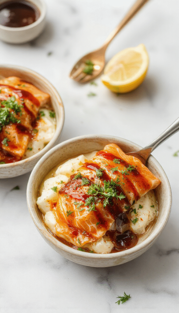 Colorful honey glazed salmon bowls featuring perfectly cooked flaky salmon fillets topped with a glossy honey glaze, served on a bed of vibrant mixed rice and fresh vegetables, garnished with sesame seeds and chopped herbs, styled on a rustic wooden table with natural lighting highlighting the textures and vivid colors.
