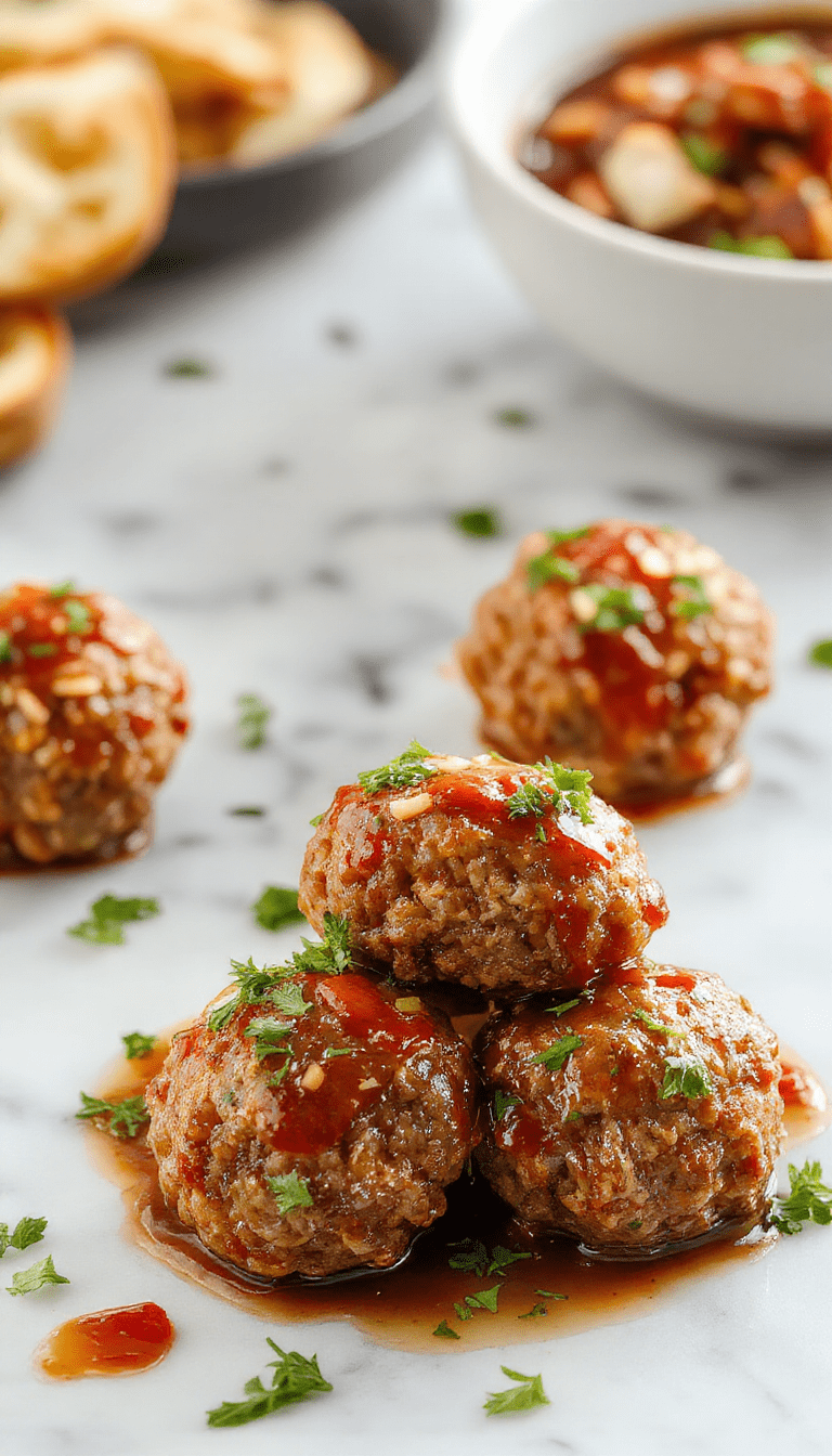 Colorful plate of shiny, glazed Asian turkey meatballs garnished with sesame seeds and chopped green onions, arranged neatly on a white ceramic dish, with a backdrop of a wooden table and Asian-inspired decor, highlighting the glossy sauce and tender meat texture.