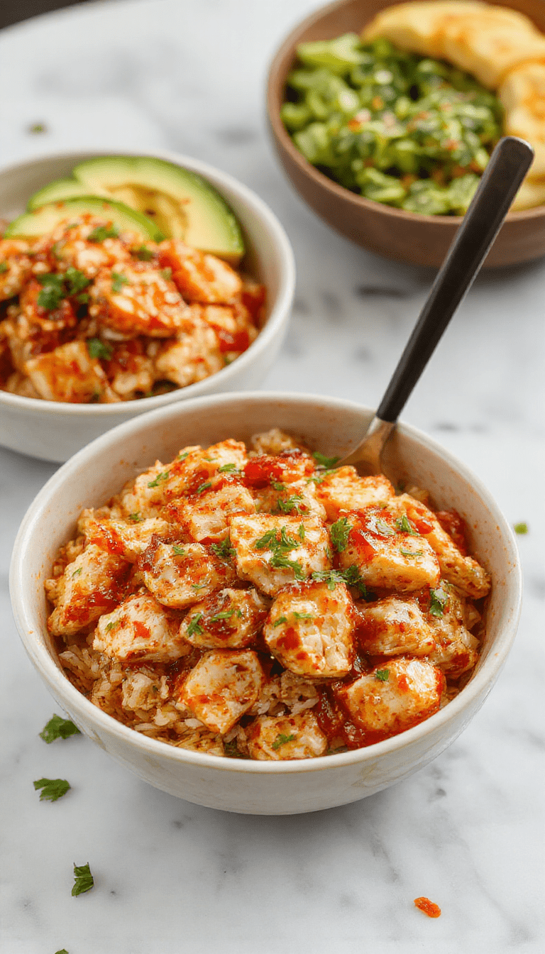 Colorful honey chipotle chicken rice bowl featuring juicy grilled chicken coated in a glossy honey and chipotle glaze, served over fluffy white rice with vibrant fresh sliced jalapenos, chopped cilantro, and lime wedges. The presentation is bright and inviting, with textures from tender chicken, creamy rice, and crisp vegetables, styled on a rustic white plate.