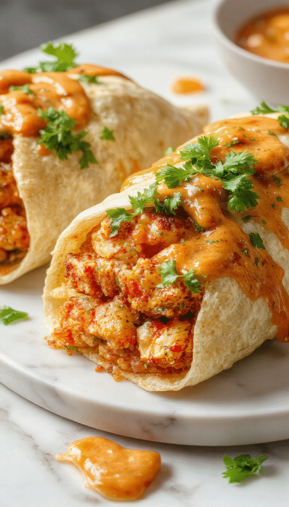 Colorful Thai Peanut Chicken Wraps arranged on a white plate with sliced vegetables and fresh herbs, showcasing a golden brown chicken filling coated in creamy peanut sauce, wrapped in soft tortillas with vibrant garnishes, styled with a rustic background emphasizing the inviting and flavorful presentation.