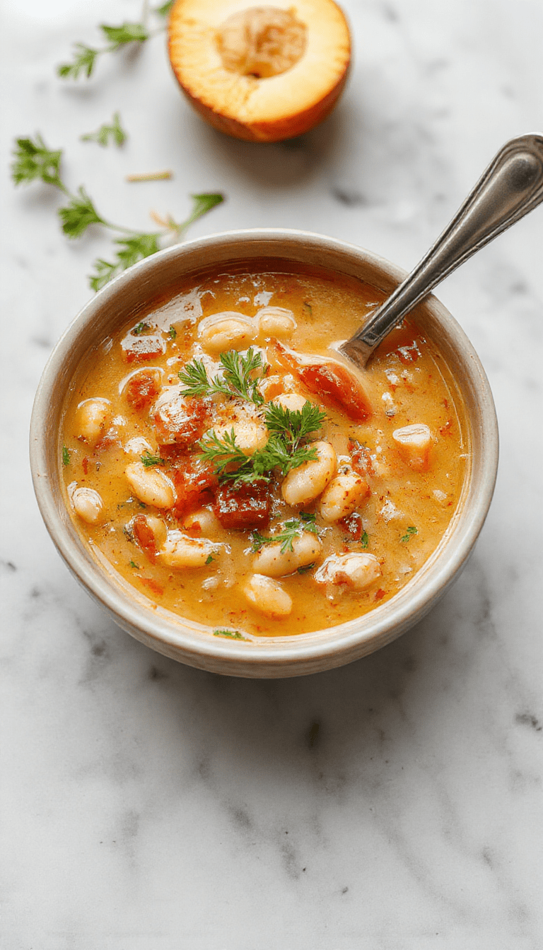A vibrant bowl of Tuscan white bean soup featuring creamy white beans, fresh herbs, and a drizzle of olive oil, served in rustic white bowls on a wooden table with crusty bread in the background, garnished with parsley and a lemon wedge, exuding warmth and freshness.