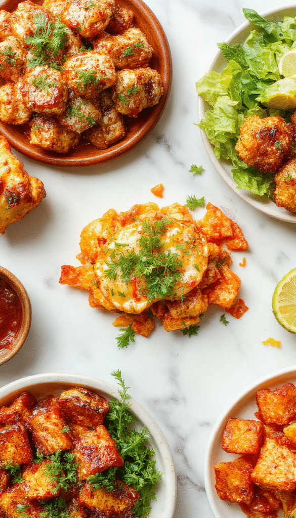 Colorful assortment of plated dinners featuring grilled chicken, stir-fried vegetables, pasta, and salads, all beautifully arranged on a rustic wooden table, highlighting textures and vibrant colors for a fresh, inviting look.