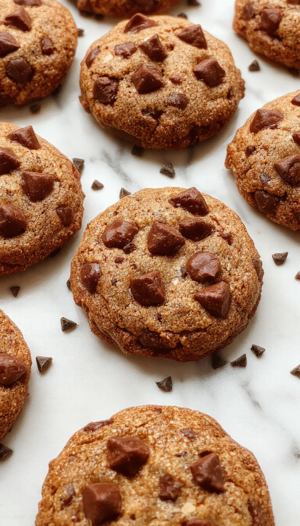 A close-up image of freshly baked chewy chocolate chip cookies on a rustic wooden platter, golden-brown edges, slightly cracked surface, abundant melting chocolate chips visible, styled with a scattering of extra chocolate chips and a glass of cold milk in the background, inviting warm and cozy atmosphere.