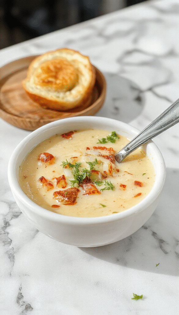 A rustic bowl of French Onion Soup topped with golden-brown toasted baguette slices and melted cheese, garnished with fresh herbs, served steaming hot on a dark wooden table with a cozy kitchen background.