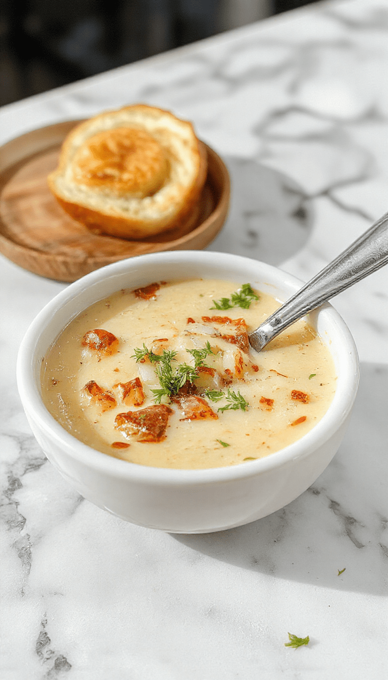 A rustic bowl of French Onion Soup topped with golden-brown toasted baguette slices and melted cheese, garnished with fresh herbs, served steaming hot on a dark wooden table with a cozy kitchen background.