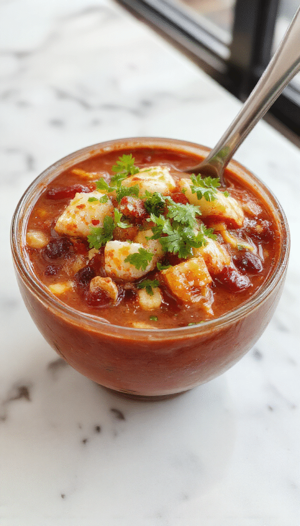 A vibrant bowl of taco soup featuring a rich tomato base filled with ground beef, kidney beans, corn, and chopped fresh cilantro, topped with shredded cheese, sour cream, and sliced jalapenos. The soup is served in a rustic white bowl on a wooden table, garnished attractively with lime wedges and crispy tortilla chips scattered around for added texture and flavor.