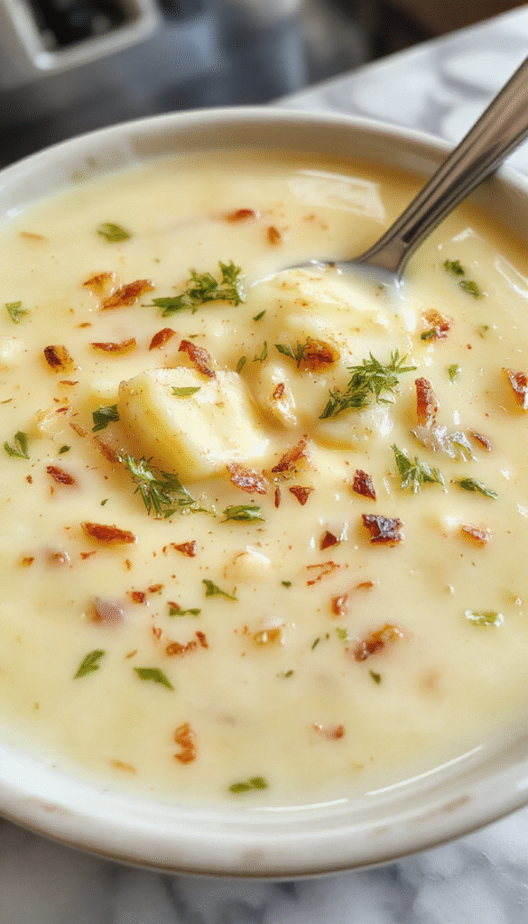A warm bowl of vegan creamy roasted garlic potato soup garnished with fresh herbs, served in a rustic white bowl. The rich, velvety texture of the soup is visible, with a drizzle of plant-based cream and roasted garlic cloves on top. The background features a wooden table with fresh potatoes, garlic bulbs, and green herbs, styled with a cozy, inviting atmosphere.