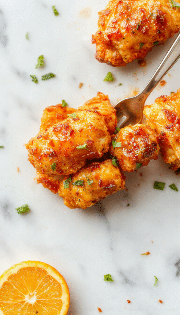 A vibrant plate of orange chicken featuring crispy pieces glazed with a glossy orange sauce, garnished with sesame seeds and sliced green onions, served on a white plate with a colorful cloth background, highlighting the juicy, crispy texture and bright citrus glaze.