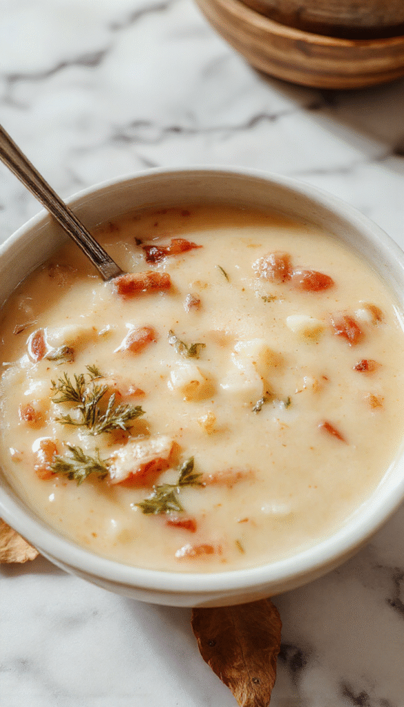 A vibrant bowl of cozy autumn wild rice soup featuring a creamy, golden broth with visible wild rice, diced vegetables, and fresh herbs, served in a rustic ceramic bowl with a spoon resting on the side, set against a fall-themed wooden table with orange and brown tones, evoking warmth and comfort with a textured background.
