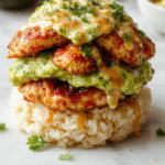 A vibrant plate featuring a stacked presentation of golden grilled chicken glazed with honey lime sauce, creamy avocado slices, and fluffy white rice, garnished with fresh cilantro and lime wedges, styled on a rustic wooden surface with colorful ingredients around