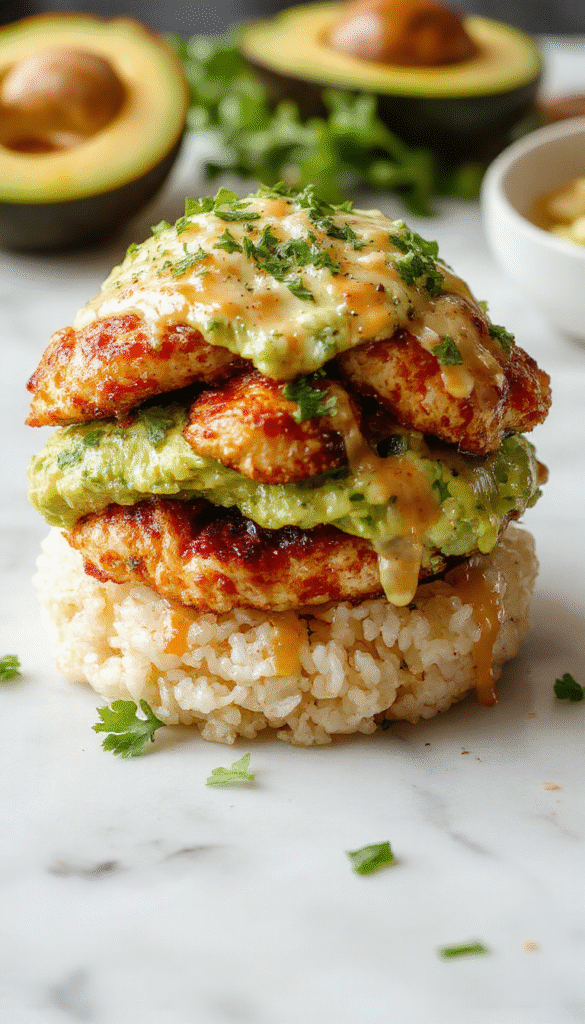 A vibrant plate featuring a stacked presentation of golden grilled chicken glazed with honey lime sauce, creamy avocado slices, and fluffy white rice, garnished with fresh cilantro and lime wedges, styled on a rustic wooden surface with colorful ingredients around