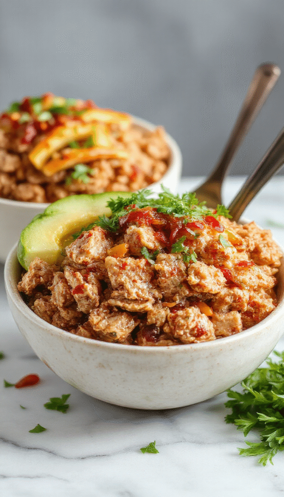 Colorful ground turkey rice bowls arranged on a white plate featuring lightly browned turkey, vibrant diced vegetables, and a drizzle of sauce for an appetizing look. The bowls are garnished with fresh herbs, served with steamed rice, and styled with a sprinkle of sesame seeds and green onions for a fresh, inviting appearance.
