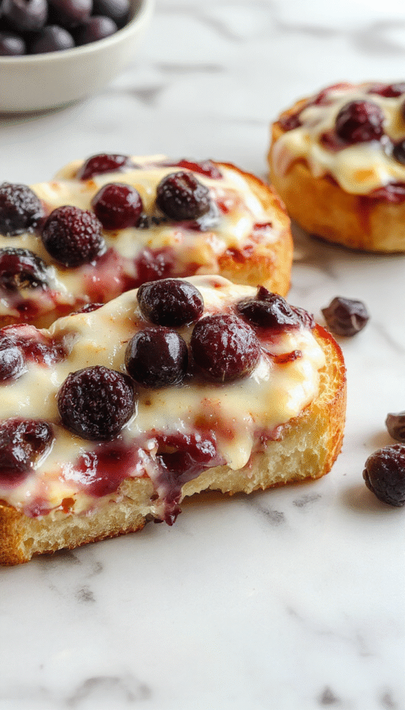 A freshly baked slice of blueberry cream cheese bread on a rustic wooden plate, showcasing vibrant blueberries and creamy filling, with a golden-brown crust and a dusting of powdered sugar, styled with fresh blueberries and mint leaves for an inviting presentation.