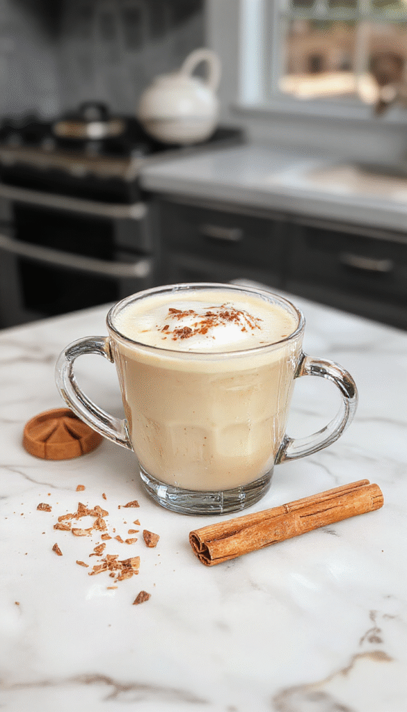 A warm, inviting vanilla cinnamon latte in a clear glass mug with a frothy top sprinkled with cinnamon and vanilla. The latte is presented on a rustic wooden table with a cinnamon stick and vanilla bean pod as garnish, styled with cozy, soft lighting and autumn-themed background elements.