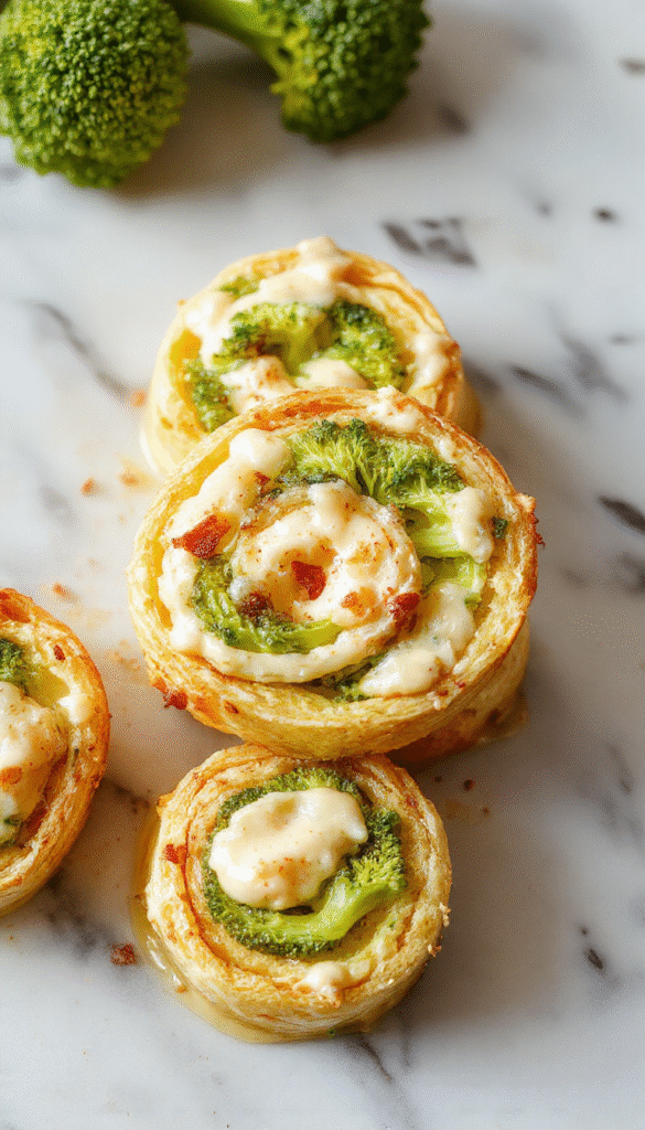 Colorful broccoli cheese pinwheels served on a white plate with a golden-brown crust, vibrant green broccoli pieces visible inside, creamy melted cheese, garnished with fresh herbs, styled on a rustic wooden table with a soft natural light background.