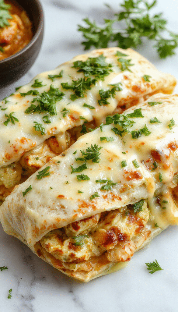Colorful plated cheesy garlic chicken wraps arranged neatly with golden toasted tortillas, melted cheese oozing out, fresh chopped herbs on top, and a side of crisp vegetables, styled on a rustic wooden table.