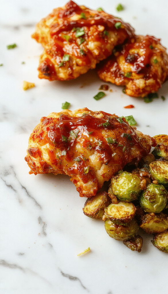 Colorful plate featuring golden-brown crispy chicken pieces coated in glossy sweet chili sauce, paired with vibrant roasted Brussels sprouts, garnished with fresh herbs, styled on a rustic wooden platter with a textured background.