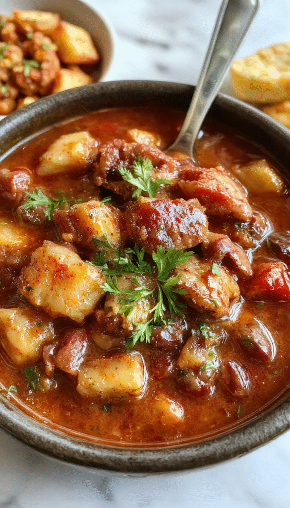 A rustic bowl of Crock Pot Poor Man's Stew with tender chunks of beef, potatoes, carrots, and peas in a thick savory gravy, garnished with fresh herbs, presented on a wooden table with a spoon beside it, warm and inviting tones highlighting the hearty meal.
