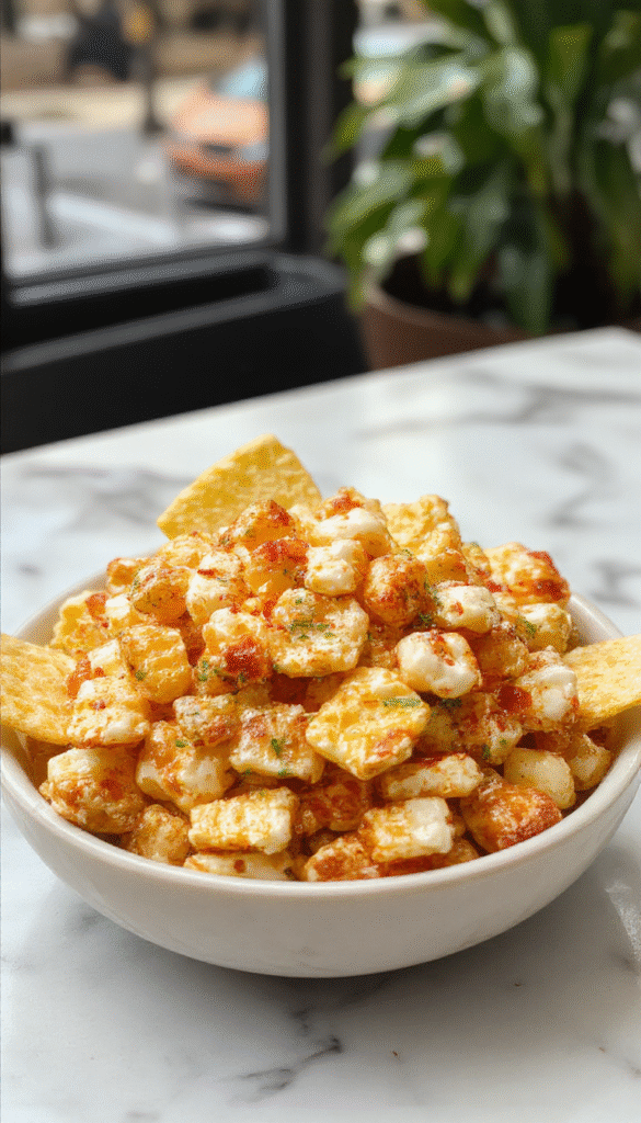 A colorful bowl of cheesy crack corn dip garnished with chopped green onions and red peppers, served with crispy tortilla chips on a rustic wooden table, with a creamy and chunky texture visible in the dip.