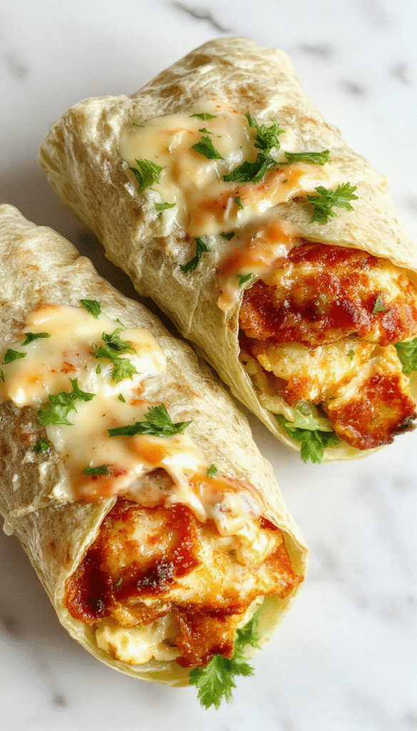 A vibrant plate featuring a crispy chicken Caesar wrap sliced in half, revealing fresh romaine lettuce, creamy Caesar dressing, and grilled chicken. The wrap is golden brown with visible grill marks, garnished with Parmesan cheese and black pepper, styled on a rustic wooden surface with a background of other wraps and fresh ingredients.