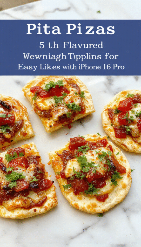 Colorful assortment of pita pizzas topped with melted cheese, fresh vegetables, and meats, arranged on a rustic wooden board with a vibrant background, showcasing crispy textures and vibrant toppings.