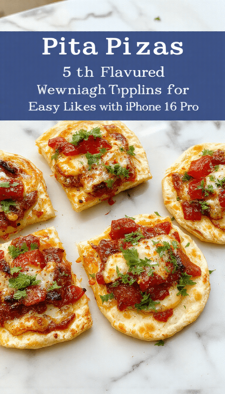 Colorful assortment of pita pizzas topped with melted cheese, fresh vegetables, and meats, arranged on a rustic wooden board with a vibrant background, showcasing crispy textures and vibrant toppings.