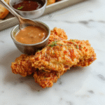 A vibrant plate of golden-brown chicken tenders garnished with fresh herbs, served alongside colorful dipping sauces on a rustic wooden table, with a textured background highlighting the crispy exterior and juicy interior textures.