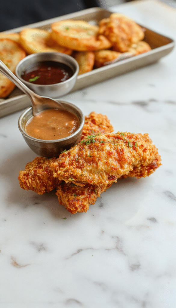 A vibrant plate of golden-brown chicken tenders garnished with fresh herbs, served alongside colorful dipping sauces on a rustic wooden table, with a textured background highlighting the crispy exterior and juicy interior textures.