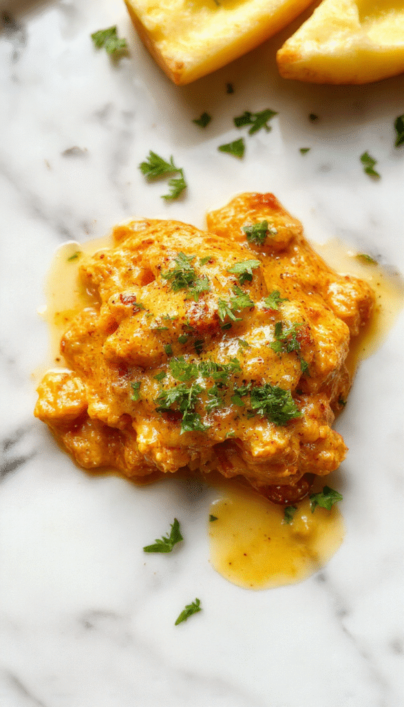 A vibrant plate of homemade butter chicken featuring tender chunks of chicken coated in a rich, creamy tomato-based sauce topped with fresh cilantro. The dish is served on a rustic wooden surface alongside steamed rice and garnished with a sprig of cilantro, showcasing a glossy finish and inviting textures with bright orange hues contrasting against the white rice.