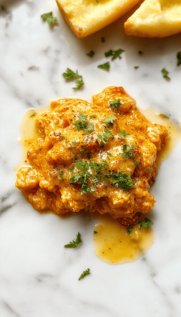 A vibrant plate of homemade butter chicken featuring tender chunks of chicken coated in a rich, creamy tomato-based sauce topped with fresh cilantro. The dish is served on a rustic wooden surface alongside steamed rice and garnished with a sprig of cilantro, showcasing a glossy finish and inviting textures with bright orange hues contrasting against the white rice.