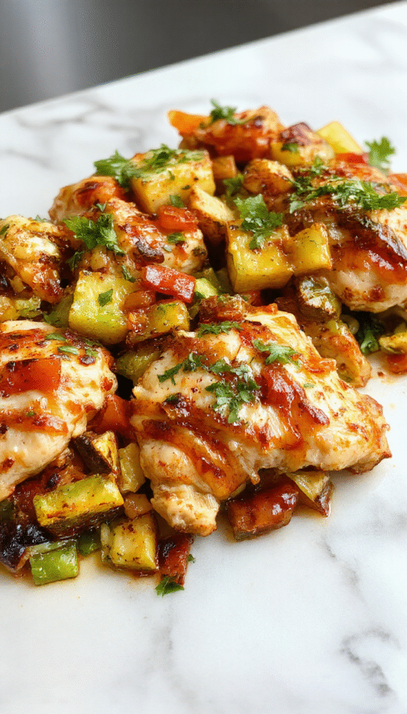 Colorful chicken fajitas on a white rectangular platter, featuring red and green bell peppers, onions, and seasoned chicken strips. The vibrant vegetables are caramelized with slight charring, garnished with chopped cilantro and lime wedges, styled simply on a rustic wooden background with a drizzle of olive oil.