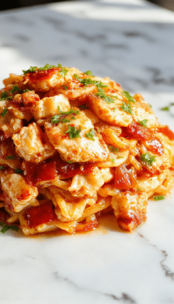 A vibrant plate of chicken chow mein featuring golden browned noodles entwined with tender chicken strips, colorful crisp vegetables like bell peppers and bok choy, garnished with scallions and sesame seeds, styled on a white ceramic dish with chopsticks nearby, set against a rustic wooden table with soy sauce and tea in the background.